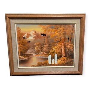 Framed Halloween Autumn Landscape with Ghosts and Pumpkins Upcycled Painting